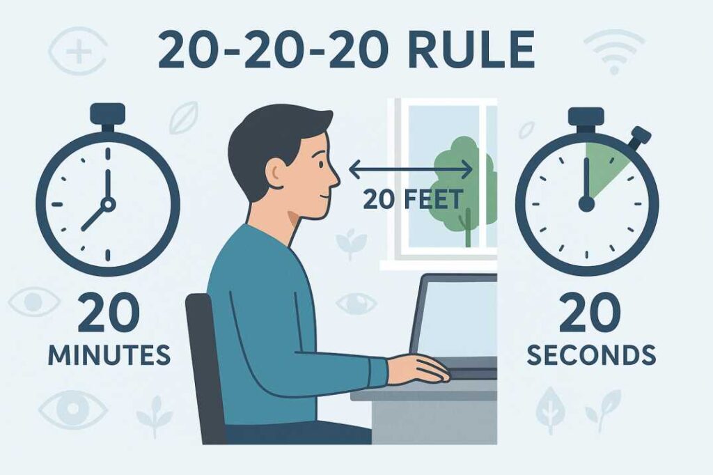 20-20-20 rule infographic for preventing eye strain headaches - look 20 feet away for 20 seconds every 20 minutes