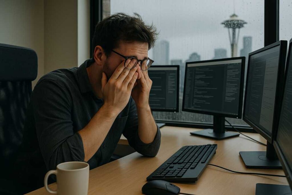 Seattle professional with digital eye strain from prolonged screen use, showing symptoms of accommodative dysfunction.