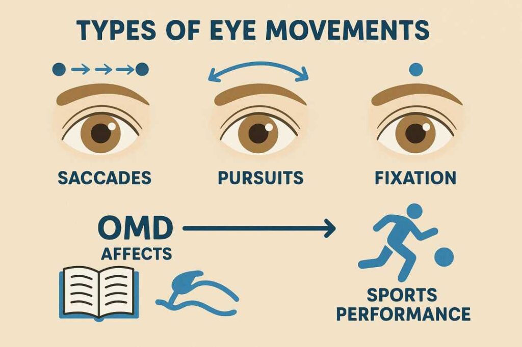 Diagram of eye movement types impacted by ocular motor dysfunction