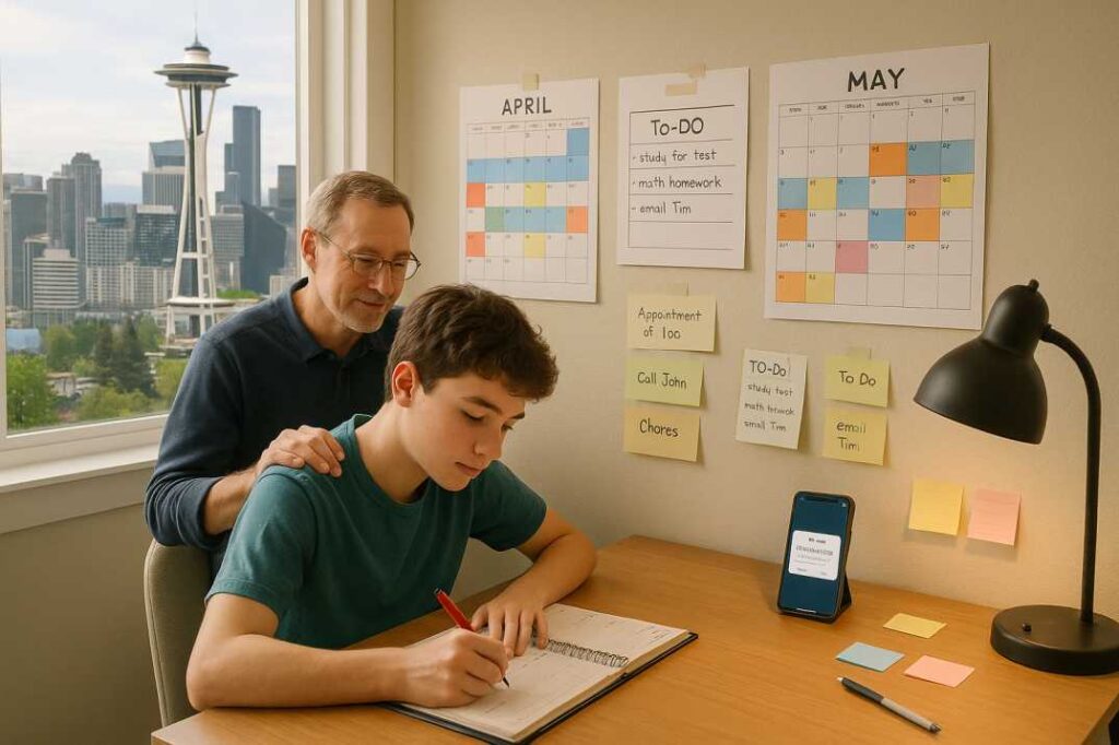 Teen in Seattle using visual reminders and organization tools to manage ADHD