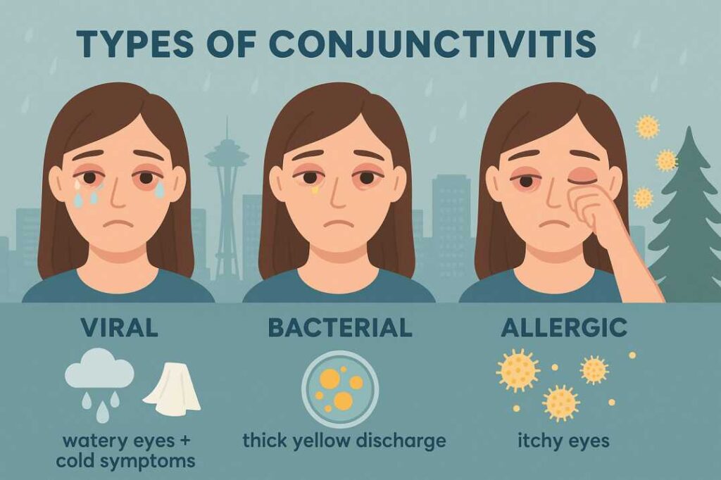 Illustration comparing viral, bacterial, and allergic conjunctivitis with Seattle-specific triggers.