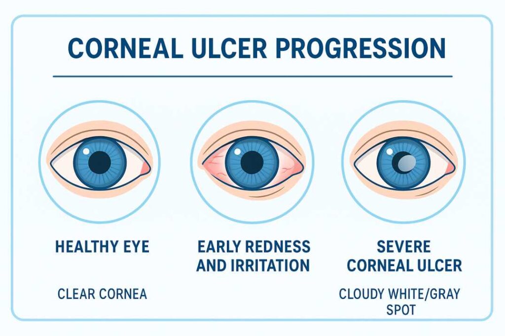 Diagram showing corneal ulcer progression from mild redness to a severe cloudy corneal spot.