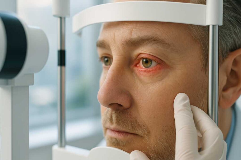 Medical illustration comparing healthy eyelids with inflamed eyelids affected by blepharitis.