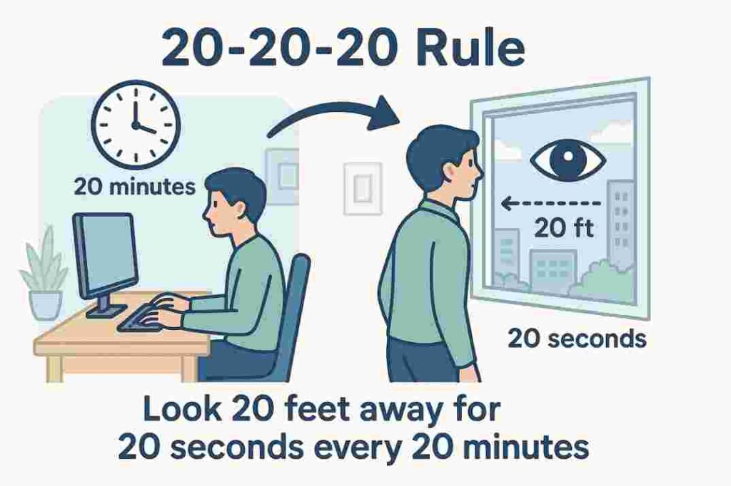 Infographic showing the 20-20-20 rule for preventing computer eye strain - look 20 feet away for 20 seconds every 20 minutes