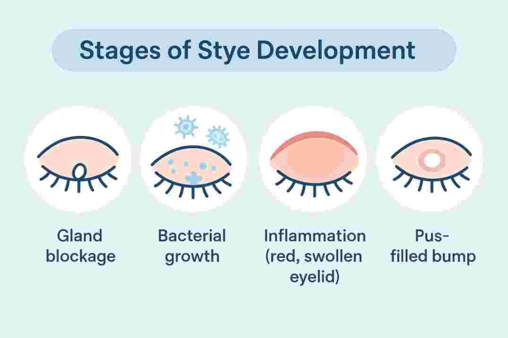 Infographic illustrating the four stages of how a stye forms on the eyelid