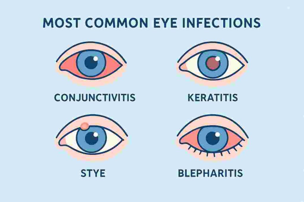 Infographic illustrating the most common types of eye infections.