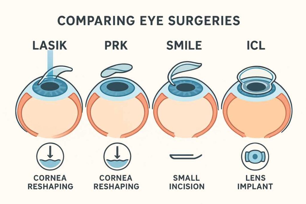 Comparison chart of LASIK, PRK, SMILE, and ICL procedures for refractive surgery at Cannon EyeCare.