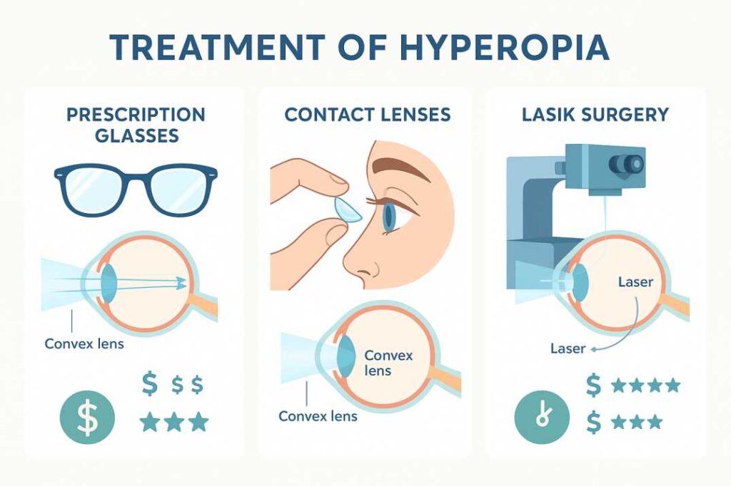 Medical infographic comparing three hyperopia treatment options: prescription eyeglasses with convex lenses, contact lenses, and LASIK laser surgery, showing how each corrects farsighted vision