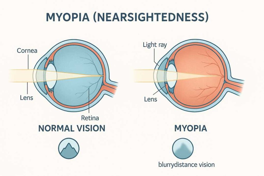 Medical diagram comparing normal vision to myopia showing how light focuses on retina versus in front of retina in nearsighted eyes