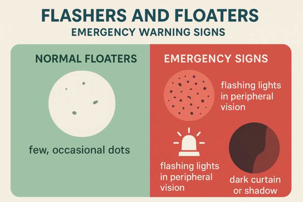 Infographic comparing normal eye floaters versus emergency warning signs including sudden floater showers, persistent flashes, and vision curtaining that require immediate medical attention.