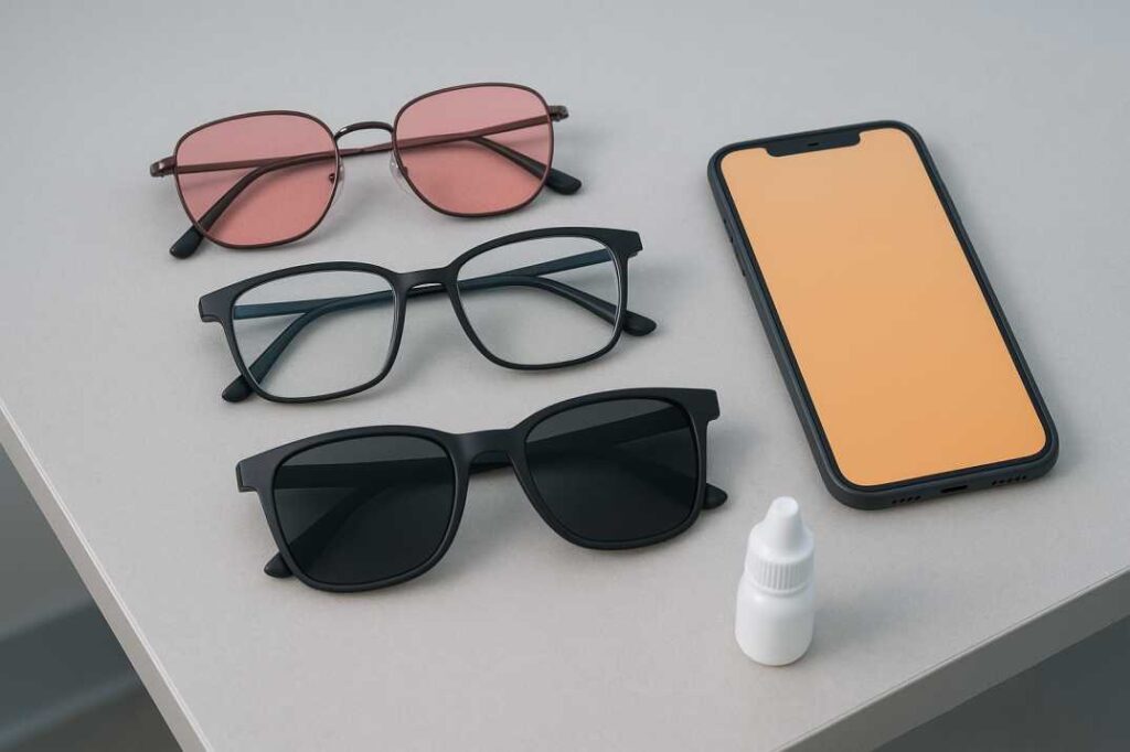 Photophobia management tools including FL-41 tinted glasses, blue light blocking eyewear, UV protection sunglasses, and artificial tears arranged on clean surface