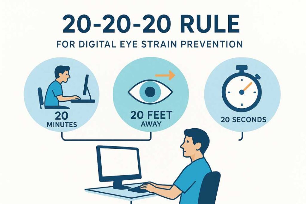 Infographic explaining the 20-20-20 rule: every 20 minutes look 20 feet away for 20 seconds to reduce digital eye strain