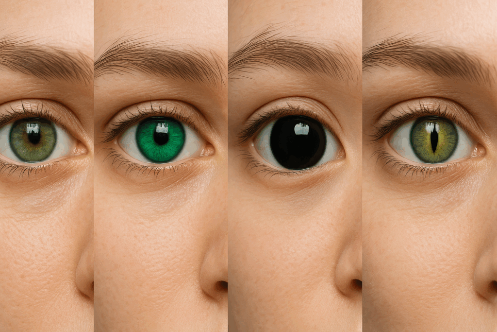 Examples of decorative contact lenses: enhancement, opaque, scleral, and special effect.