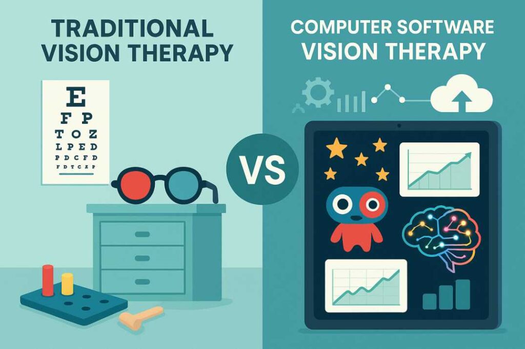 Comparison infographic showing traditional vision therapy methods versus modern computer software solutions with interactive games and AI-powered progress tracking