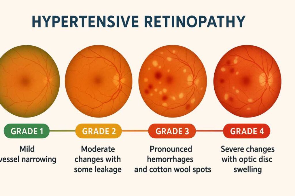 Educational diagram showing the four progressive stages of hypertensive retinopathy, from Grade 1 mild vessel narrowing to Grade 4 severe optic nerve swelling, illustrating how high blood pressure damages retinal blood vessels over time