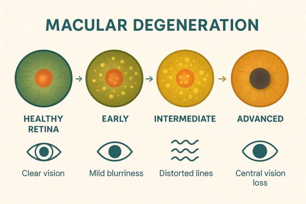 Timeline infographic showing four stages of macular degeneration progression from healthy retina to advanced AMD with corresponding symptoms.