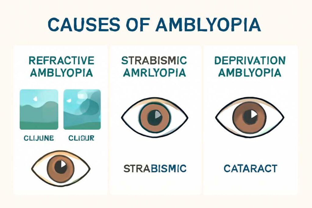 Diagram explaining different types of amblyopia: refractive, strabismic, and deprivation