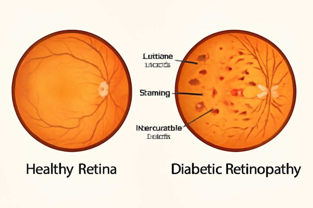 Medical illustration of a healthy retina compared to a retina with diabetic retinopathy, showing blood vessel damage and swelling