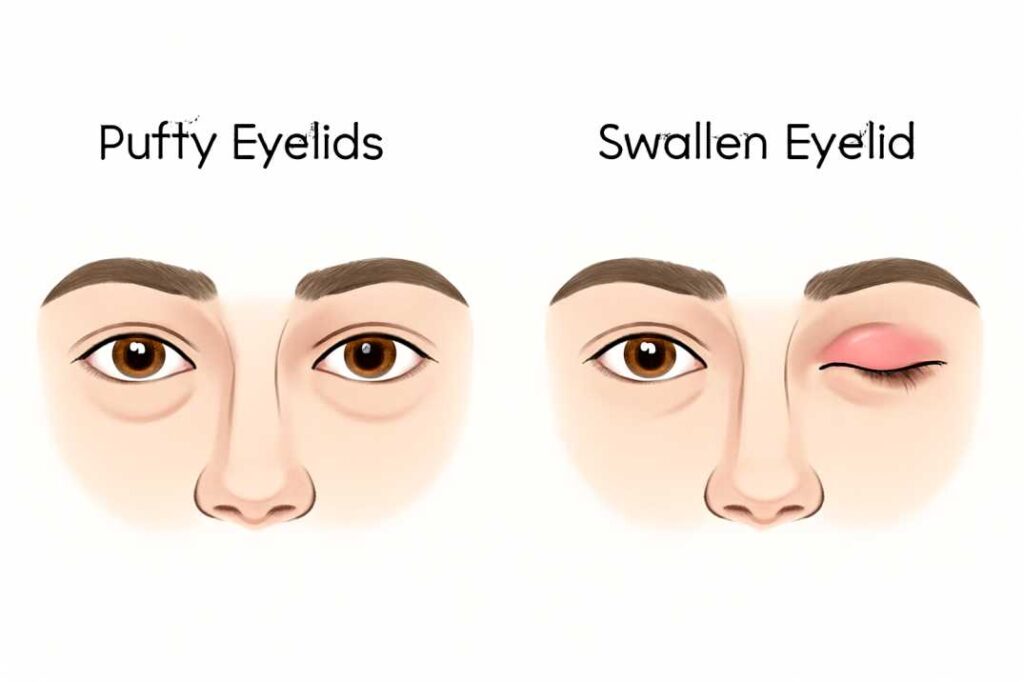 Medical illustration showing difference between swollen eyelids and puffy eyelids