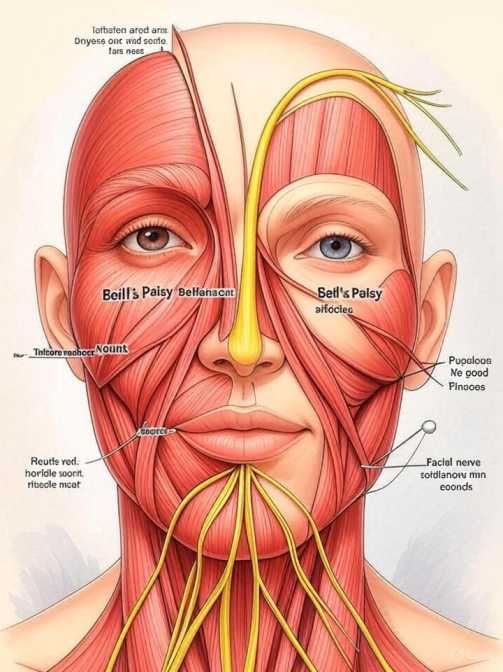 Medical diagram showing facial nerve inflammation in Bell’s palsy and its effect on muscle movement.