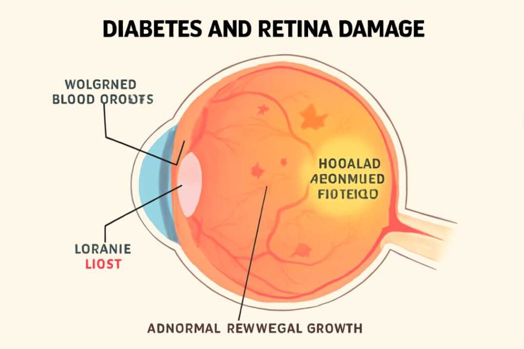 Medical illustration showing stages of diabetic eye disease, including vessel leakage and macular swelling.