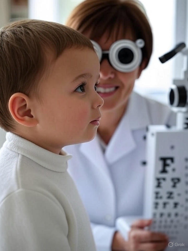 Optometrist testing a child’s eyes to rule out vision-related reading difficulties.