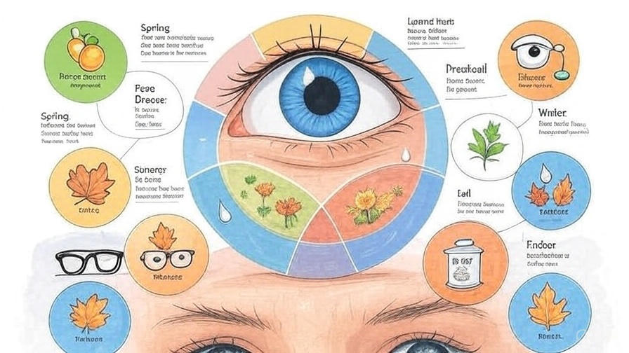 Seasonal eye allergy prevention infographic showing different allergens and management strategies for spring pollen, summer grasses, fall ragweed, and winter indoor allergens throughout the year