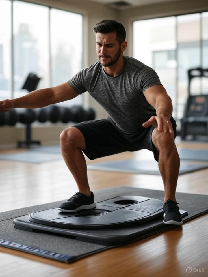 Athlete training on a balance board in a Seattle gym with safe setup and proper posture.