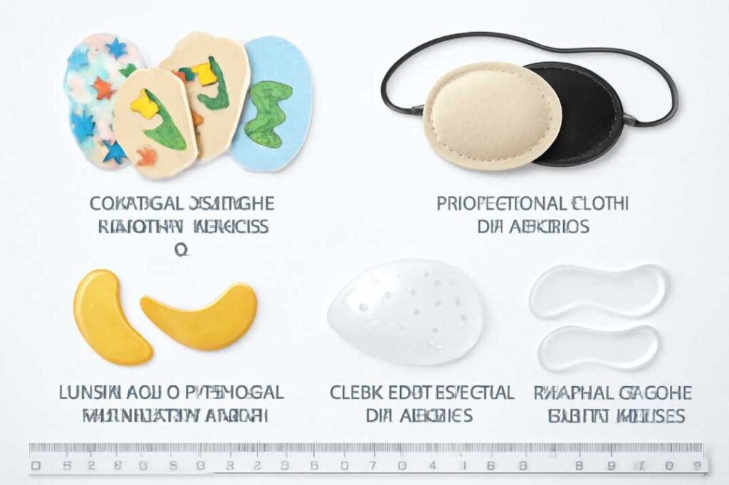 Comprehensive display of different eye patch types including medical patches for lazy eye treatment, post-surgical shields, and cosmetic under-eye patches for beauty enhancement