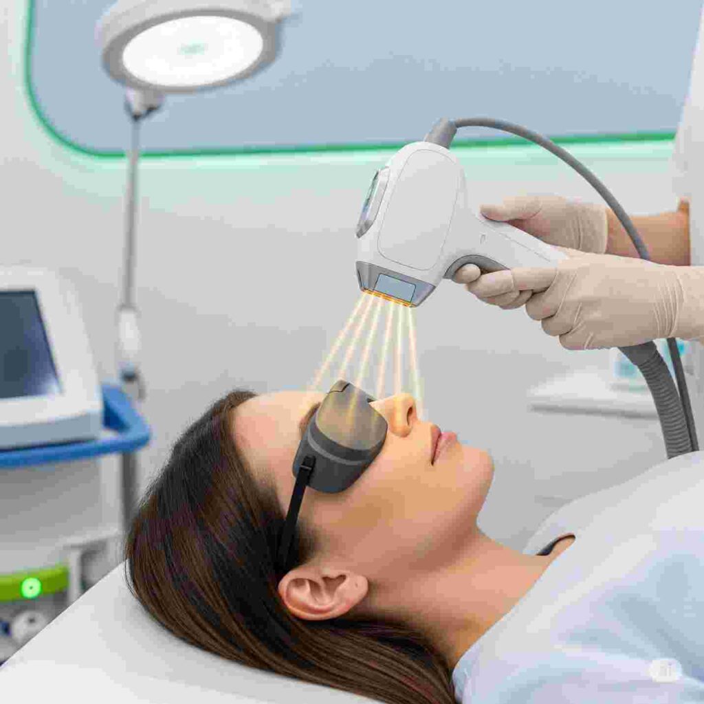 Professional medical illustration of IPL (Intense Pulsed Light) therapy treatment for ocular rosacea, showing patient with protective eyewear and medical professional administering treatment