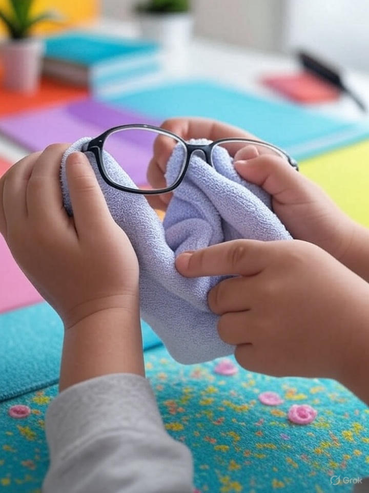 Child cleaning eyeglasses with a microfiber cloth on a colorful desk.