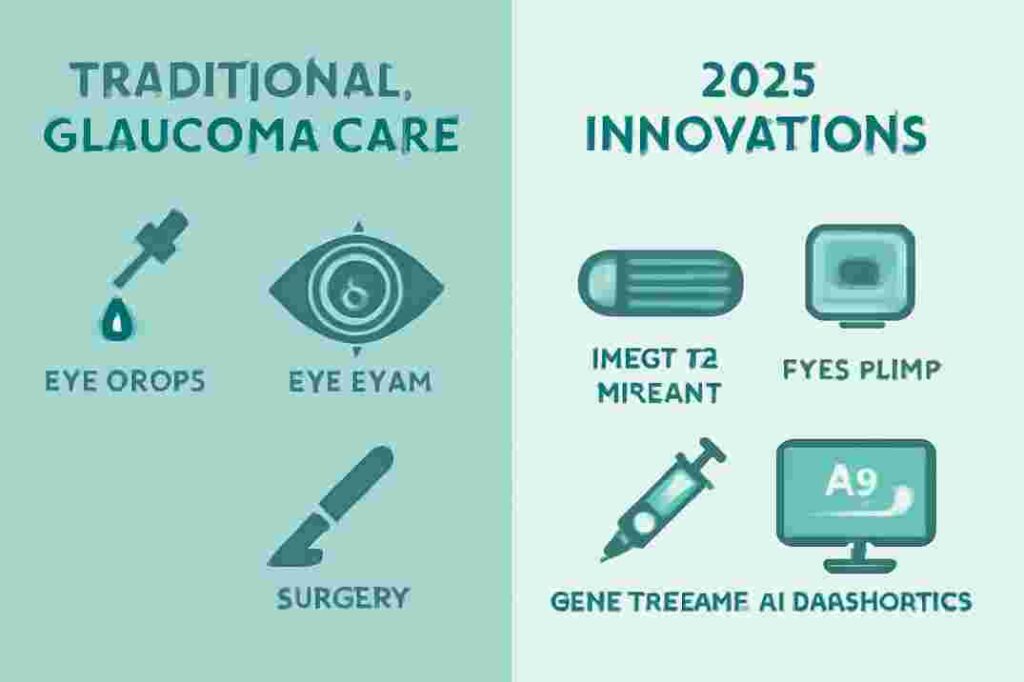 Comparison infographic showing traditional vs breakthrough glaucoma treatments including sustained-release implants and innovative pressure reduction technologies