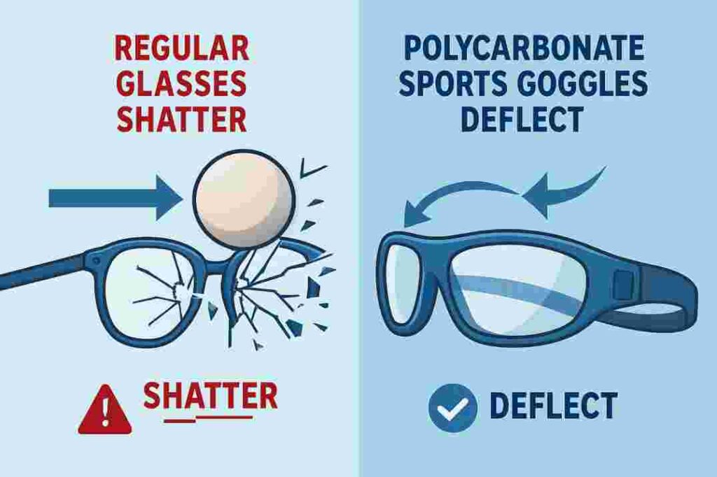 Comparison showing polycarbonate sports eyewear deflecting ball impact versus regular glasses shattering, demonstrating superior protection of ASTM F803 certified lenses