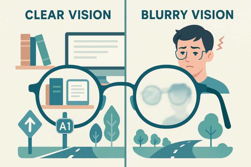Visual comparison showing clear vision with updated glasses prescription versus blurry vision with outdated prescription