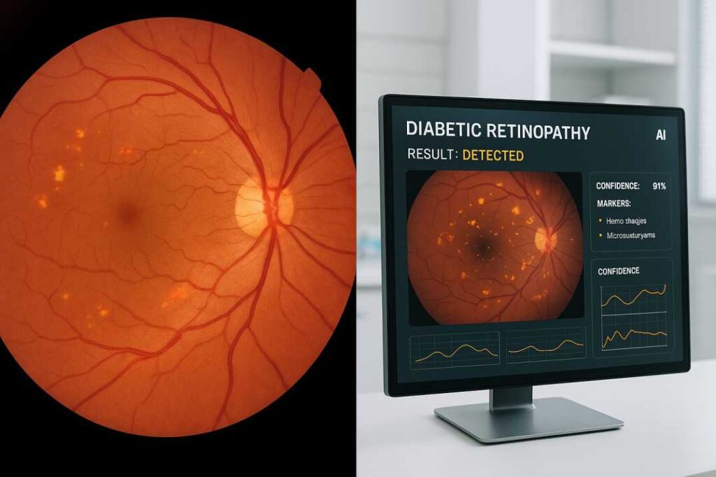 AI-powered diabetic retinopathy screening technology analyzing retinal images to detect early signs of eye disease