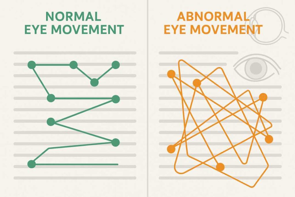 Eye movement pattern comparison infographic showing normal smooth tracking versus abnormal erratic eye movements for diagnostic reference