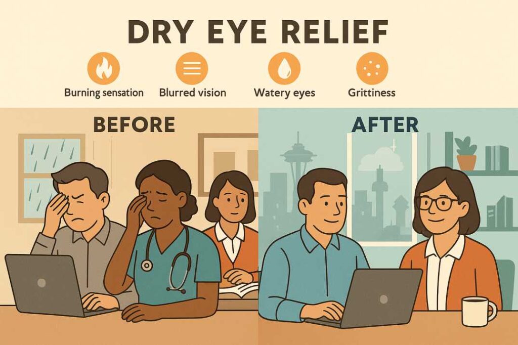 Infographic showing Seattle residents experiencing common dry eye symptoms and finding relief through proper treatment and care