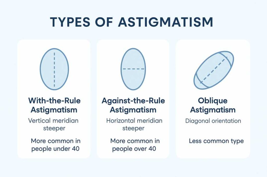 Medical illustration comparing normal eye vision versus astigmatism, showing how light focuses differently due to corneal shape irregularities