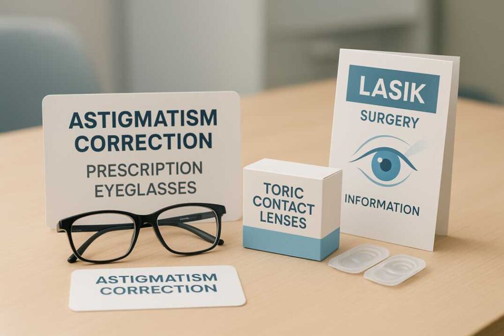 Various astigmatism treatment options including corrective glasses, toric contact lenses, and LASIK surgery information displayed in eye care clinic