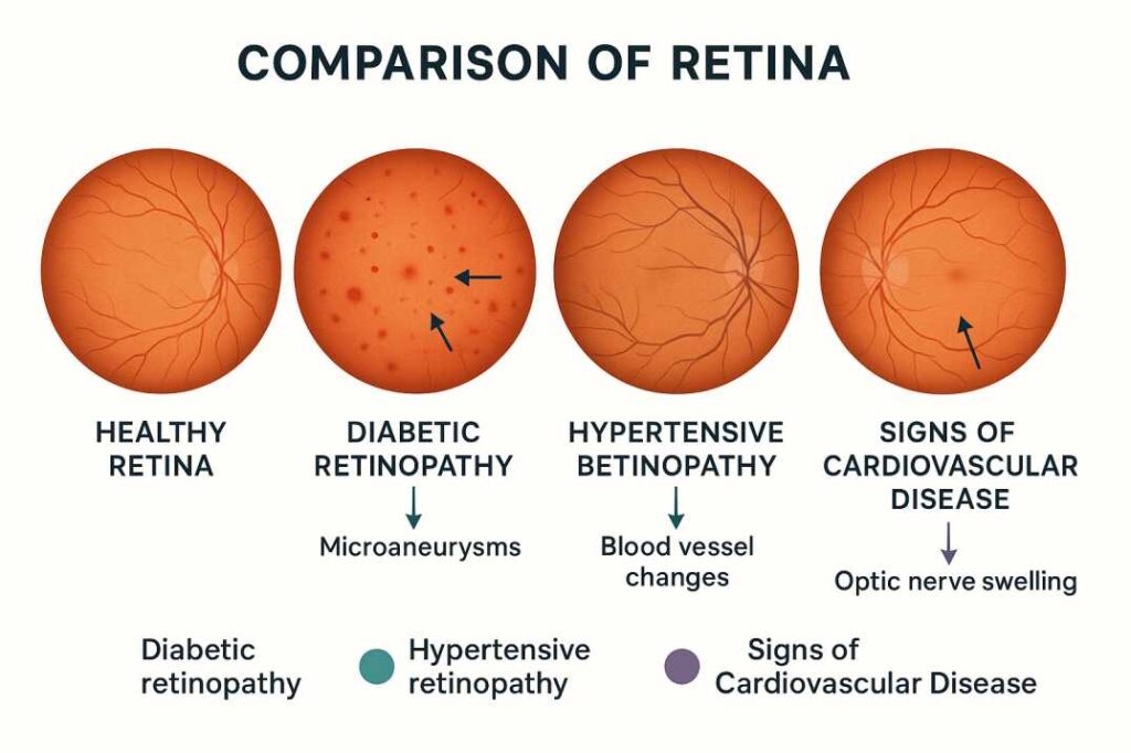 Medical comparison diagram showing healthy retina versus retinal signs of diabetes, high blood pressure, and cardiovascular disease that eye doctors can detect during comprehensive examinations