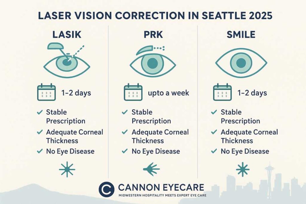 Comparison chart of LASIK, PRK, and SMILE laser vision correction procedures available in Seattle with recovery times and candidacy requirements