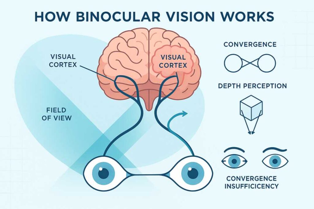 Educational diagram showing how binocular vision works in the brain, illustrating eye coordination and depth perception mechanisms for Seattle patients seeking vision therapy