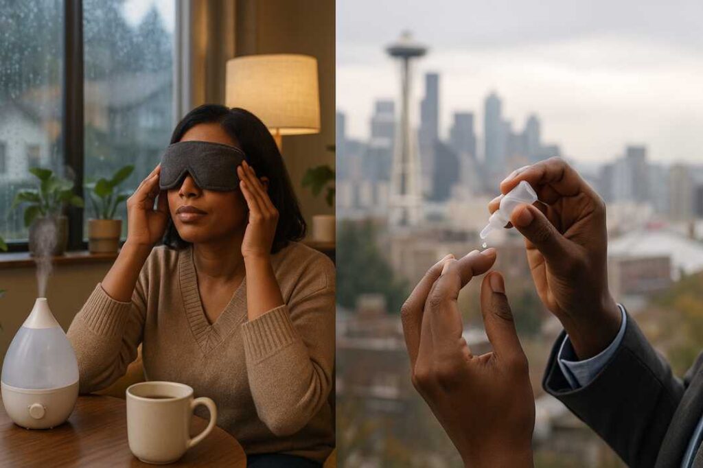 Seattle resident using warm compress and eye drops for dry eye relief, split image showing at-home treatment methods for Seattle's climate