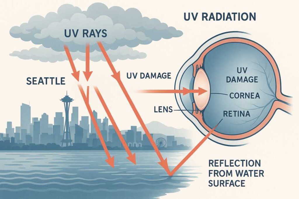 Scientific diagram showing how UV radiation penetrates clouds and reflects off water to damage eye structures in Seattle's marine climate