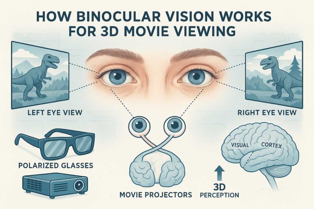 Diagram showing how human binocular vision processes 3D movies through left and right eye perspectives combining in the brain