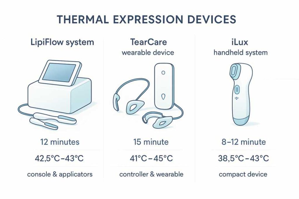 Comparison chart of thermal expression devices for dry eye treatment showing LipiFlow, TearCare, and iLux systems with treatment specifications.