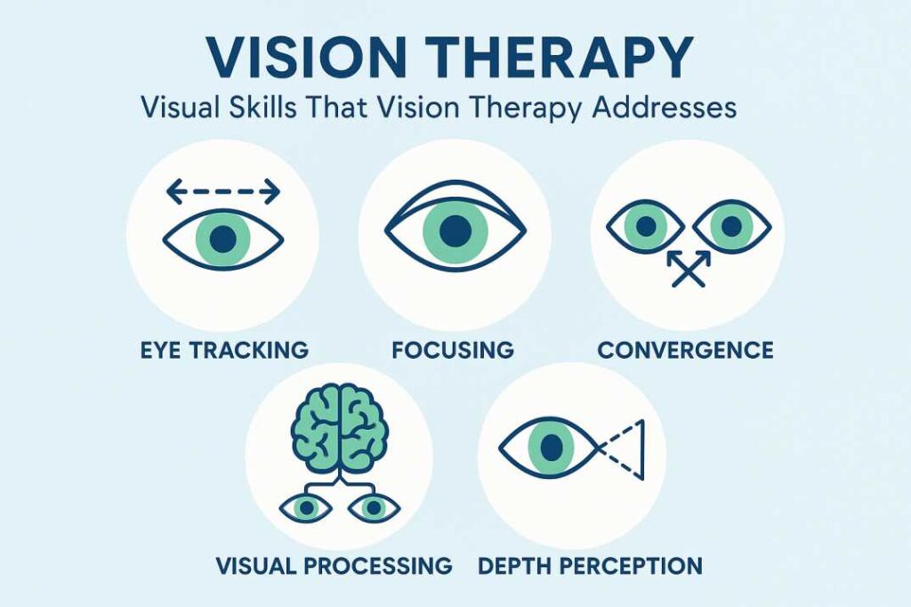 Vision therapy skills diagram showing eye tracking, focusing, convergence, and visual processing abilities.