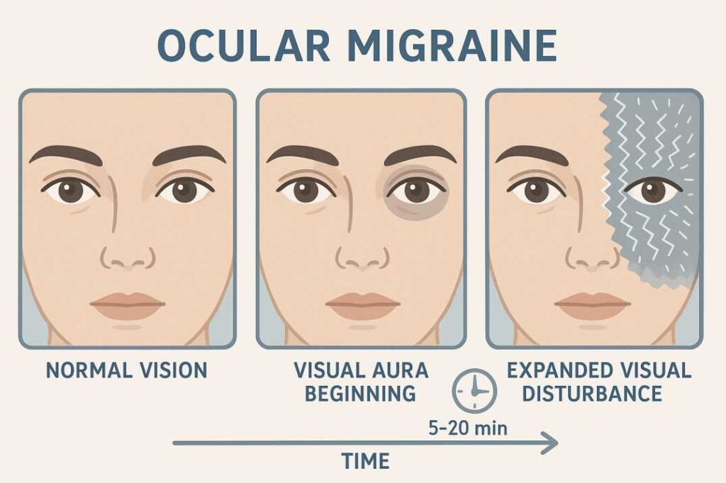 Three-stage diagram showing ocular migraine symptom progression from normal vision to visual aura development over 20 minutes