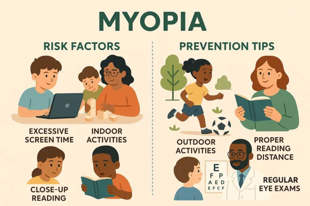 Myopia prevention infographic showing risk factors like screen time versus protective activities like outdoor play.