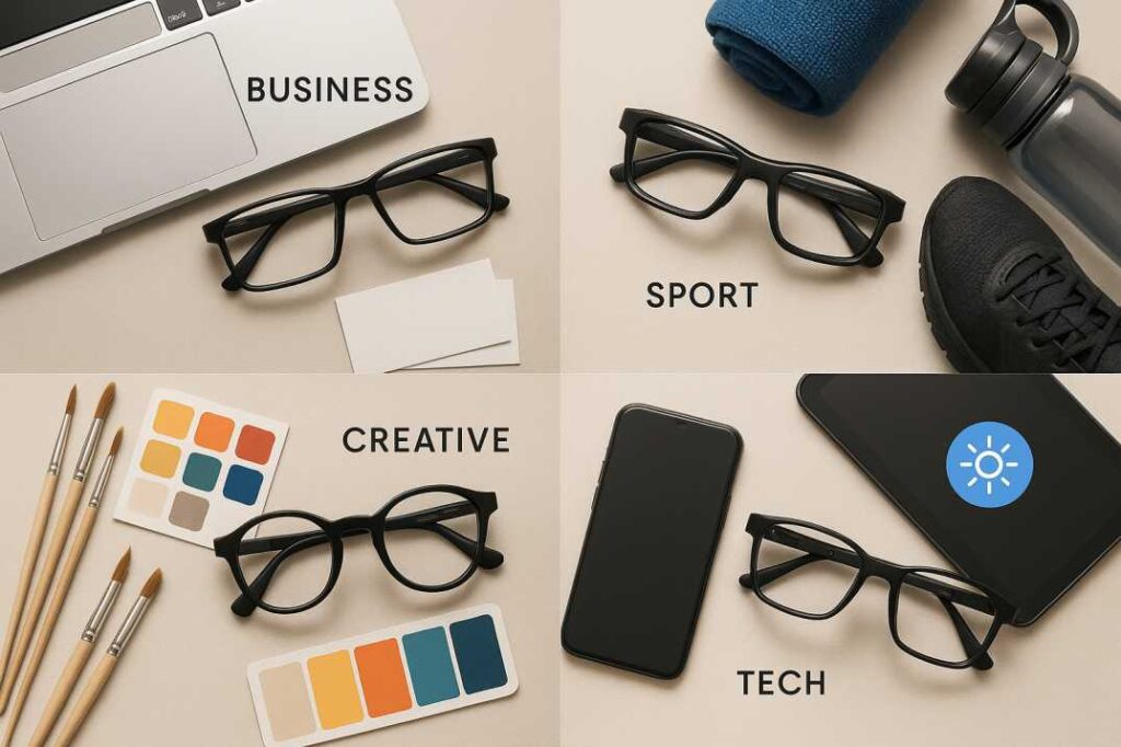 Four different eyeglass frame styles organized by lifestyle needs: business, sports, creative, and tech professional frames with corresponding lifestyle accessories